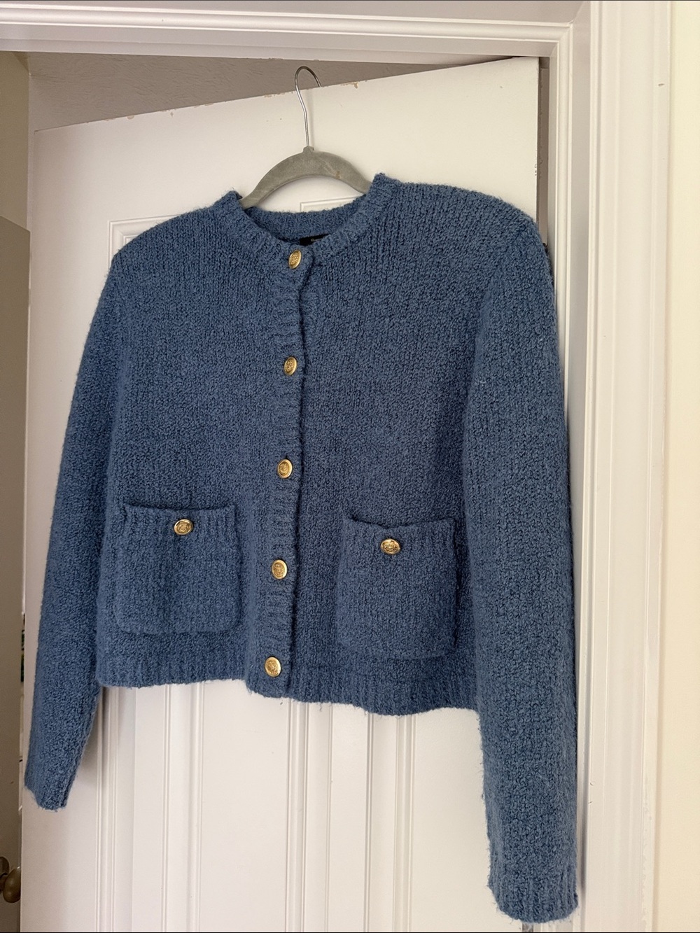 Massimo Dutti Dusty Blue Bouclé Cardigan with Gold Buttons